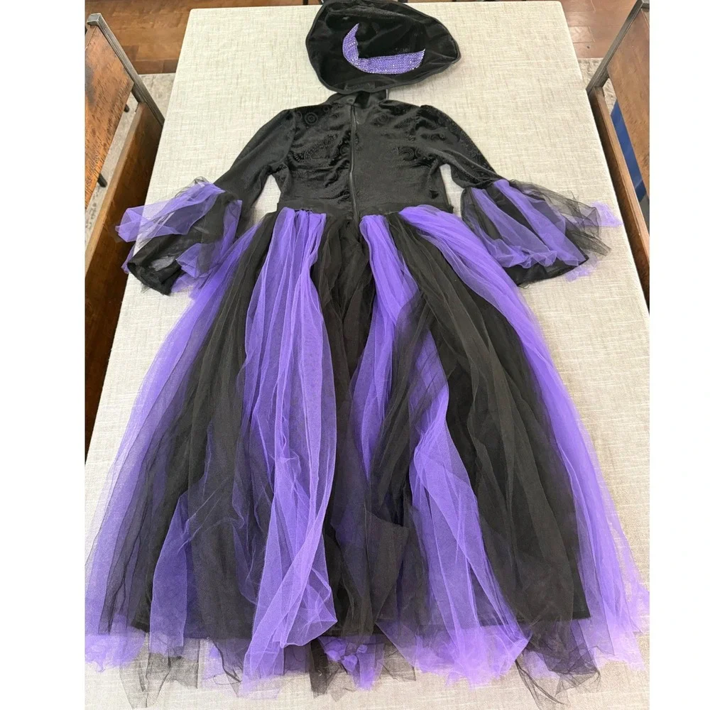 Spirit Halloween Kids Witch Costume Black Purple Paisley Tulle Dress Hat Medium